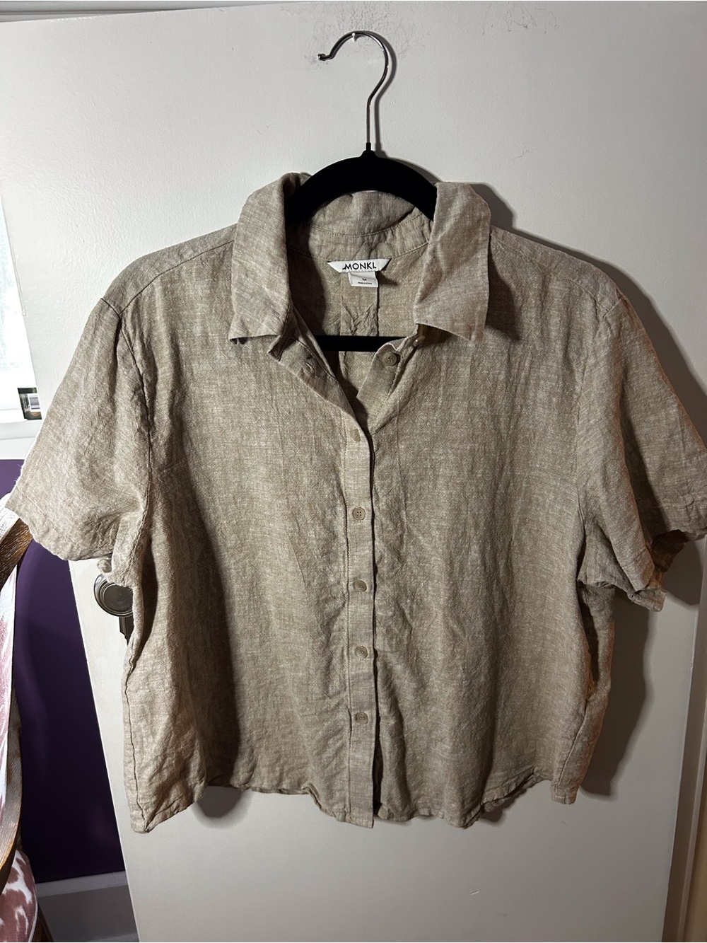 Monki Neutral Beige Linen-blend Short Sleeve Button-Down Shirt